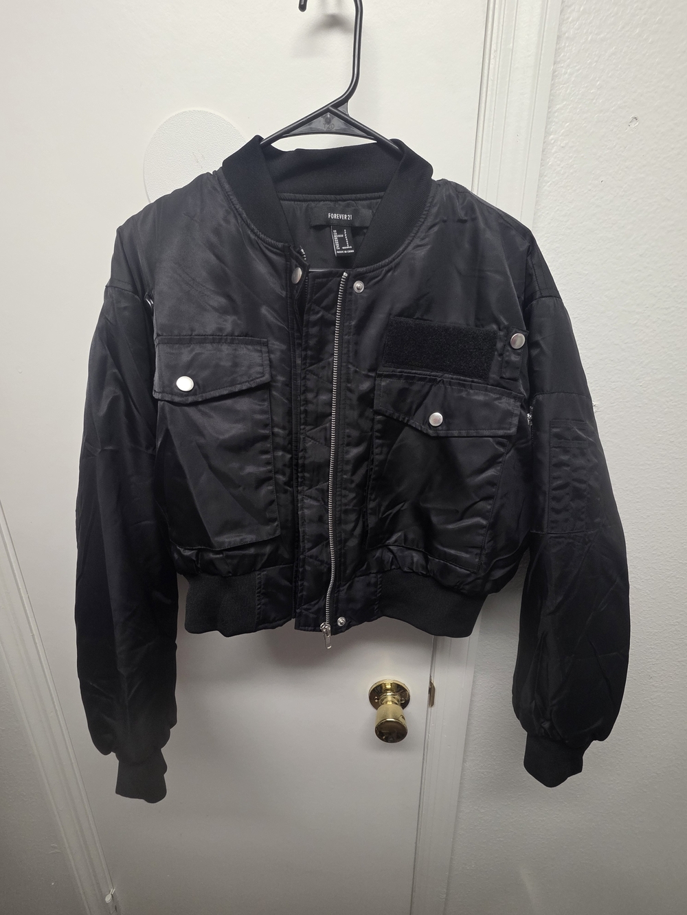 " Y2K" Inspired Forever 21 Black Satin Bomber Jacket with Utility Pockets